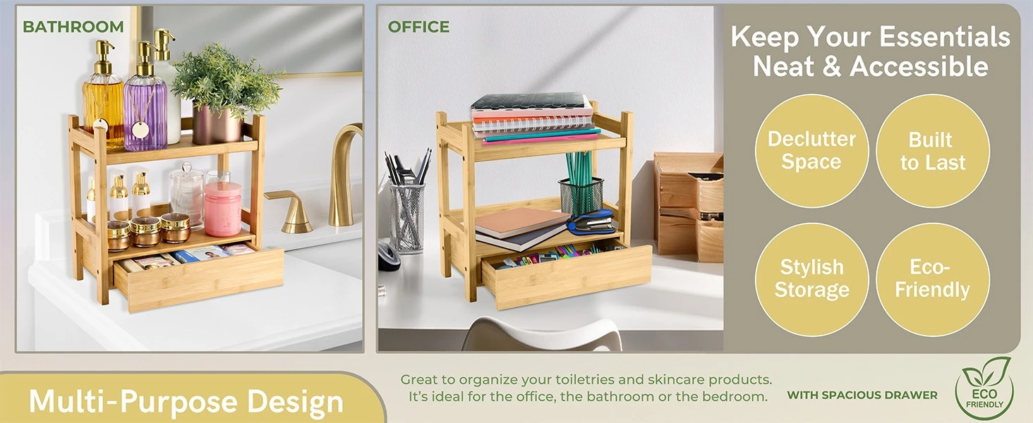 2-Tier Bamboo Bathroom Organizer With Hidden Drawer 6 2-Tier Bamboo Bathroom Organizer With Hidden Drawer 6